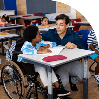 a man talking to a disabled girl